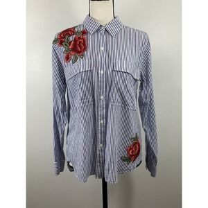 RAILS Frances Button Front Shirt in Blue White Banker Stripe Red Floral Small